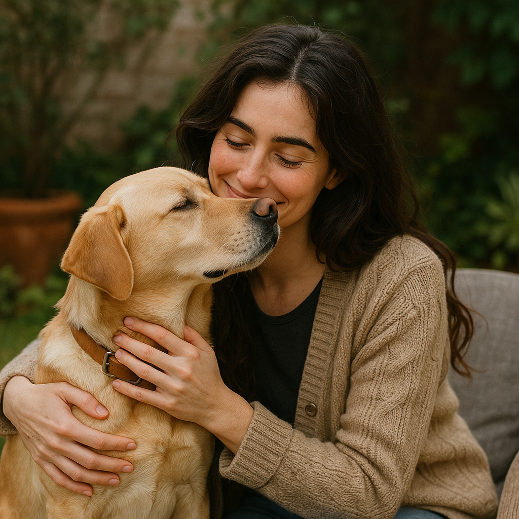 About Me 2 Emily hugging her Labrador Buddy in the garden