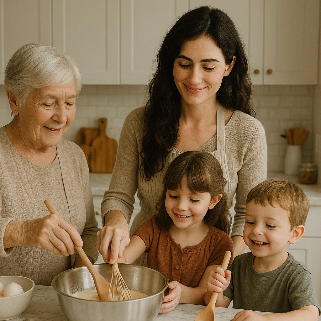 About Me 1 Emily baking with her grandmother and kids in the kitchen